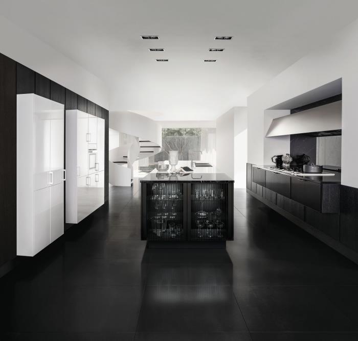 mat siyah mobilyalı ve zeminli beyaz lake mutfak modeli, adalı paralel mutfak düzeni