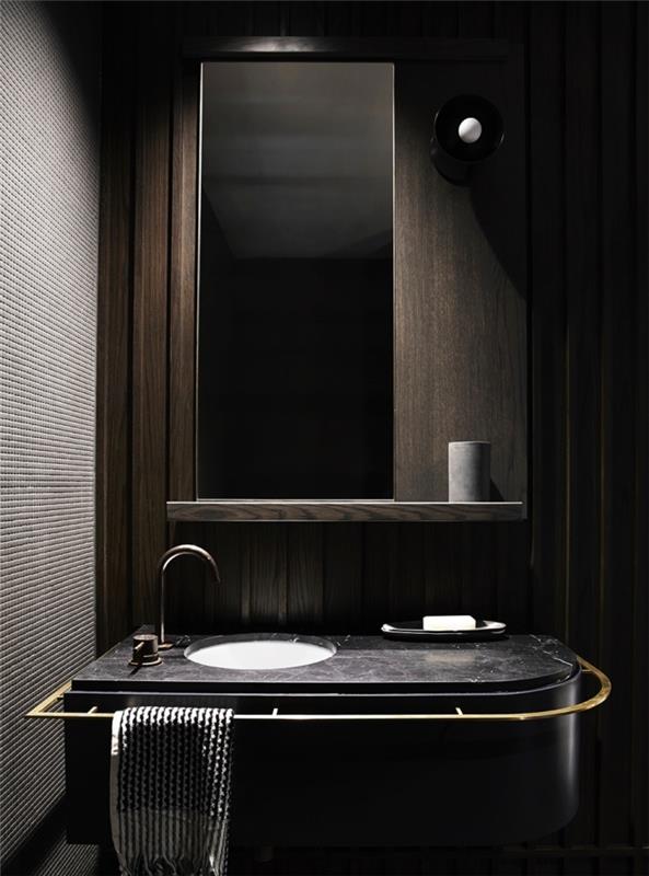 šiuolaikiškas madingas tamsių spalvų interjero dekoravimas, madingas vonios kambario modelis su tamsios medienos sienomis su juoda kriaukle