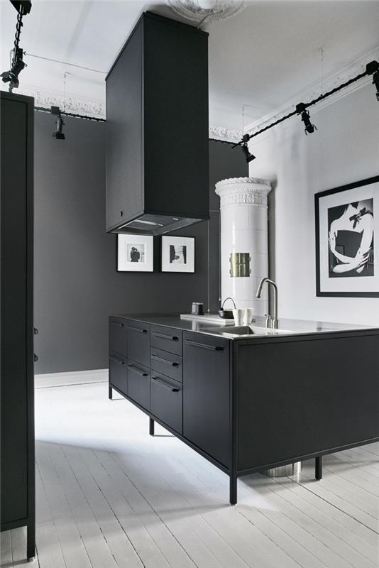 siyah beyaz mutfak modeli, paslanmaz çelik kaplamalı beyaz ve mat siyah duvarlı mutfak düzeni