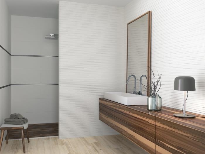 beyaz ve ahşap dekor modern tarz, duşlu banyo fikirleri, döşeme imitasyon parke