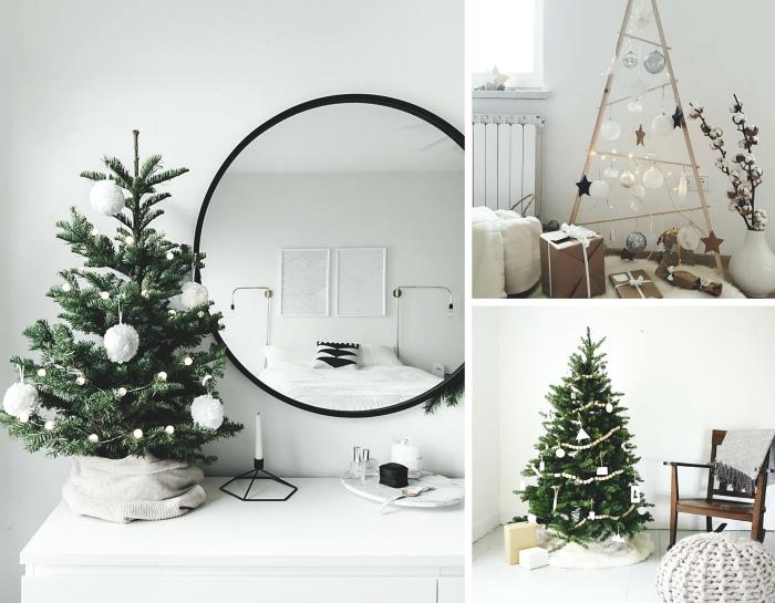 Üçgen şekilli tahta çubuklarla yapılmış DIY ahşap Noel ağacı, beyaz ponponlu Noel için İskandinav dekorasyonu