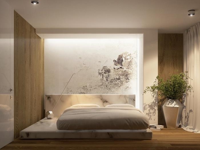 šiuolaikiškas suaugusiųjų miegamasis su šviesiai medinėmis sienomis, medinių sienų dangos idėja atsipalaidavusiam miegamajam