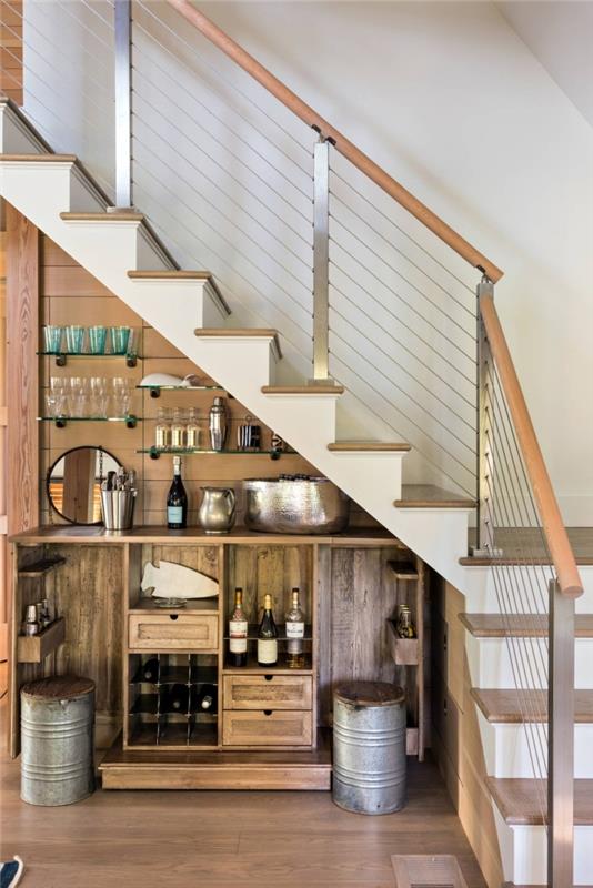 iç tasarım mutfak merdiven altı kaplama tezgah ahşap mobilya açık dolap depolama