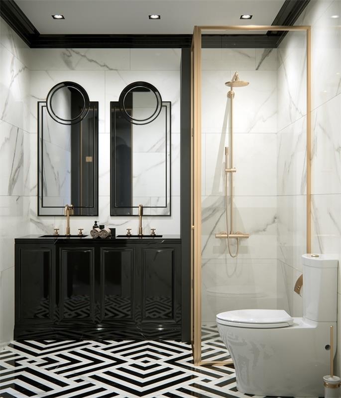 lüks stil iç tasarım fikri modern banyo duvarları mermer fayans zemin geometrik çizgiler siyah ve beyaz