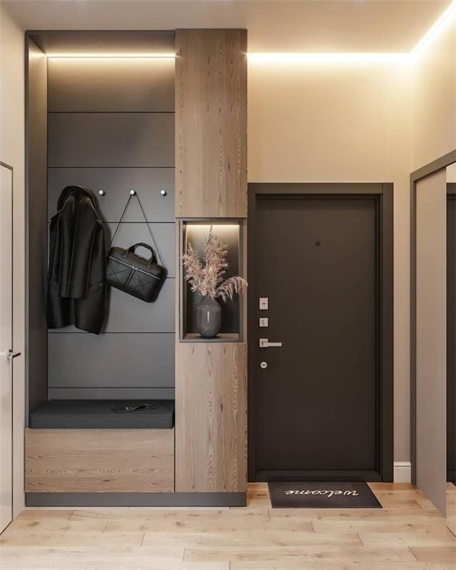 interjero dizainas modernaus stiliaus prieškambario dažai ir durys paskatino antracito pilkos spalvos įėjimo duris