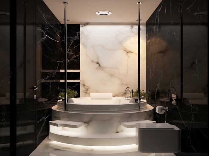 sodobno in razkošno kopalniško pohištvo, kopalniška oprema s sodobno visečo straniščno školjko in jacuzzijem v marmornem dizajnu, notranjost iz belega in črnega marmorja