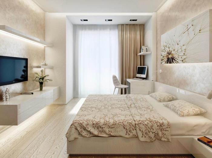 beyaz yatay depolama ile duvarlarda ekru rengi, home ofis köşeli yatak odası