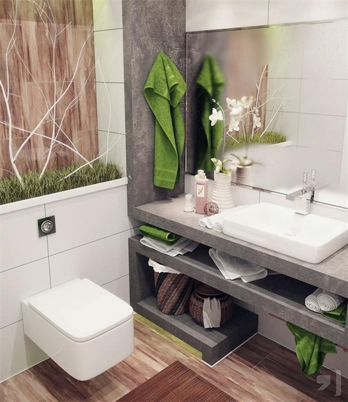 beton dolap, beyaz lavabo, büyük ayna ve doğal kurulum ile küçük doğal banyo düzeni