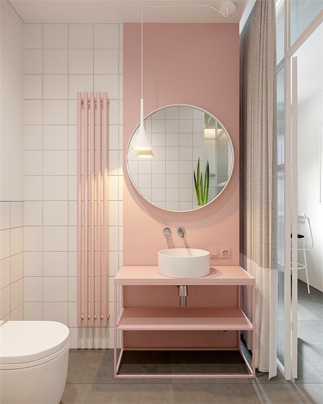 trendy deco 2020, beyaz ve pastel pembe duvarlı banyo modeli, küçük bir banyo nasıl düzenlenir