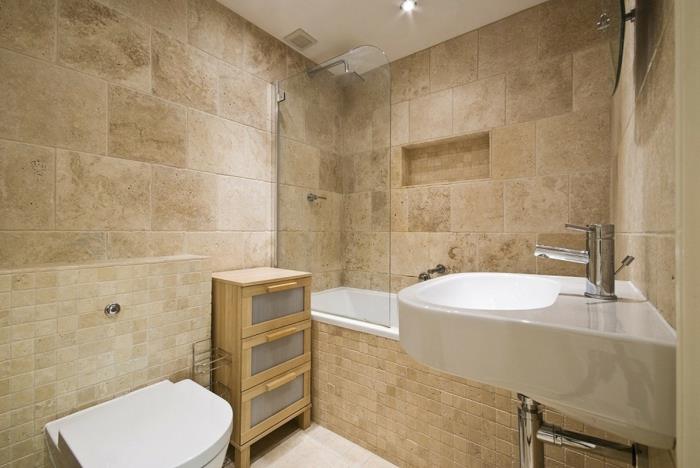 taş banyo, beyaz asma lavabo, beyaz tavan, ahşap dolap