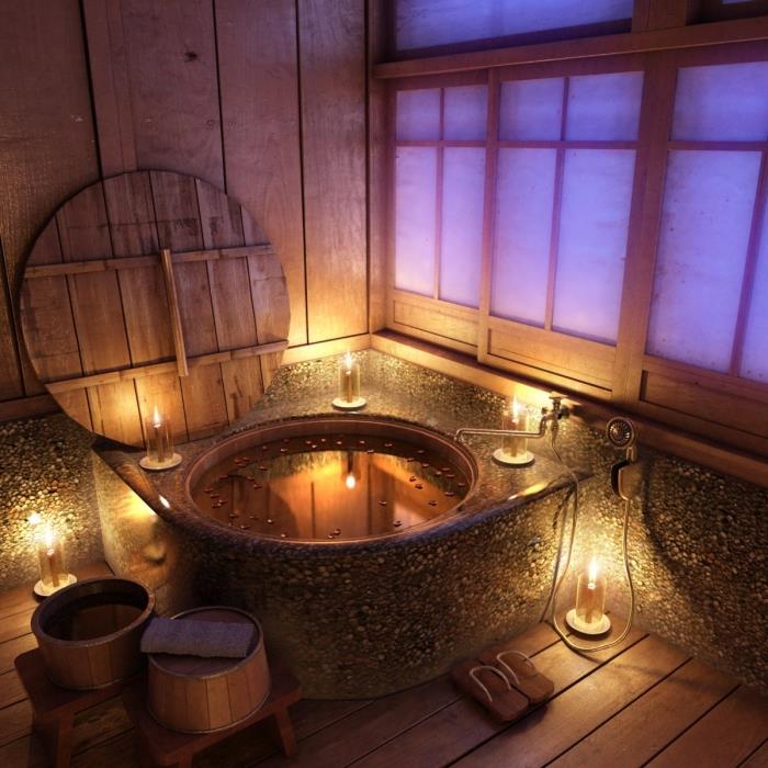 „Zen“ vonios kambario, dekoruoto mediniais aksesuarais, pavyzdys, kokia sienų danga skirta azijietiškam vonios kambario dekorui