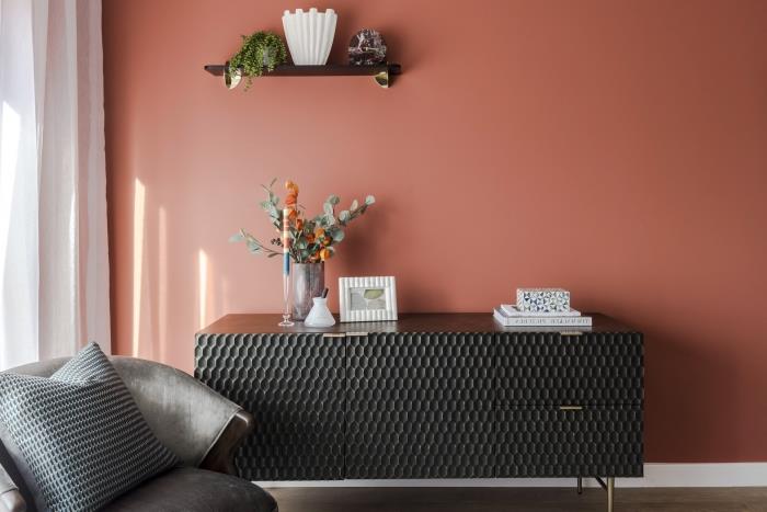 svetainės dizainas su terakotos sienomis pilki baldai anglis pilka aksominė fotelis juoda spintelė dažų spalvos moderniai svetainei