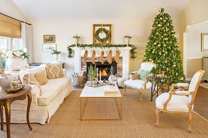 tasarım oturma odası beyaz ve ahşap şömine tuğlaları noel çelengi diy köknar dalları deco noel bir fabrikasyon