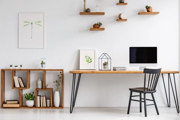 evde ofis alanınızı nasıl dekore edersiniz, metal ayaklı ahşap masa fikri, ev çalışma alanı dekorasyonu