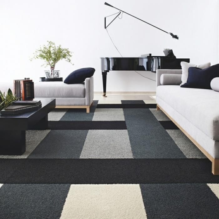 kilimas-dizainas-moderniam-gyvenamajam kambariui-šiuolaikinis-interjeras-nespalvotas
