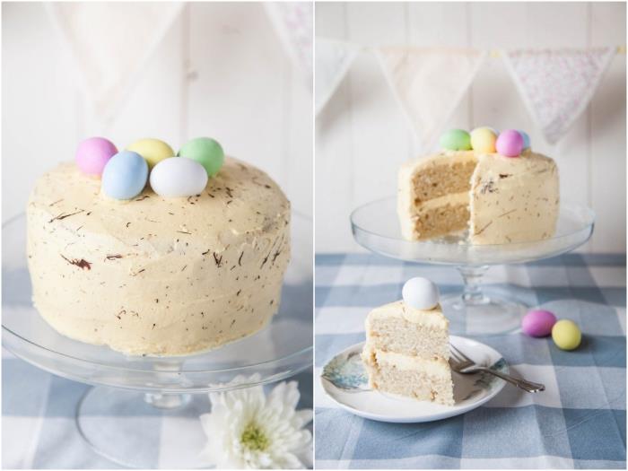 hitra in enostavna velikonočna torta, recept za mehko vegansko vanilijevo limonino torto, obloženo s pastelno obarvanimi velikonočnimi jajci