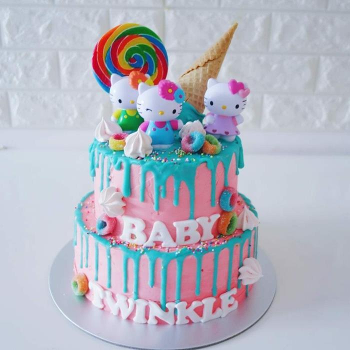 rožinis tortas, mergaitės gimtadienio tortas, dvigubas gimtadienis mėlynos ir rožinės spalvos, katytė kat
