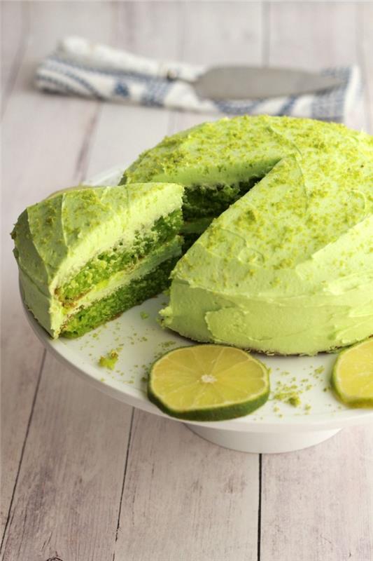 veganiškas desertas be glitimo, lengvas ir greitas kalkių pyrago receptas su žalios spalvos veganiško sviesto kremo glajumi