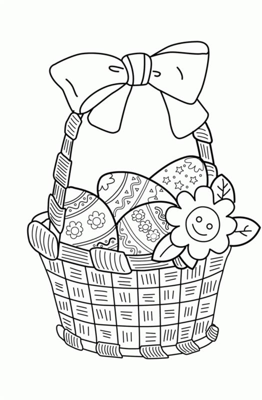 lengvas pavasario dažymas su krepšeliu, pilnu Velykų kiaušinių ir gėlių, paprasta piešimo idėja
