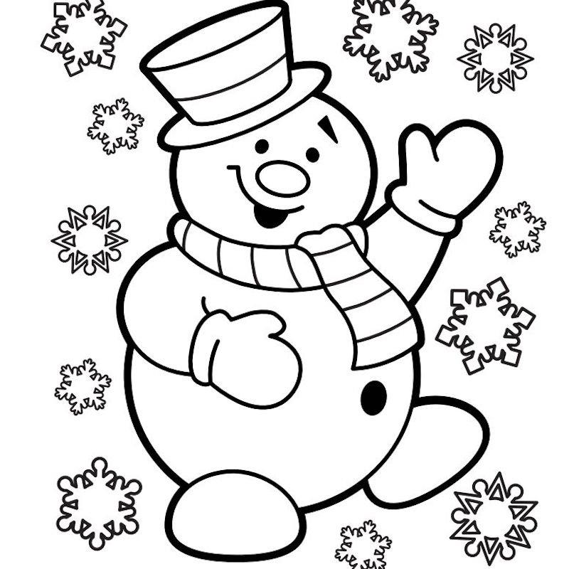 lengvas piešti laimingas sniego senis, apsuptas snaigės kalėdiniam mažam vaikui, spalvinimo puslapis