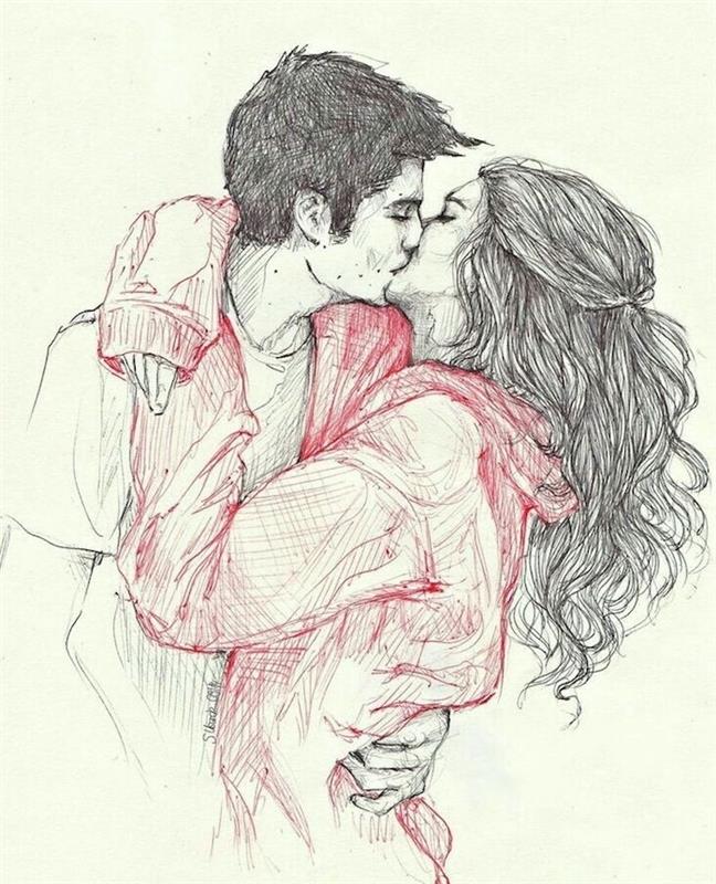 Bir çift aşık nasıl çizilir, erkek ve kız öpüşür, kırmızı kazaklı beyaz erkek tişörtü