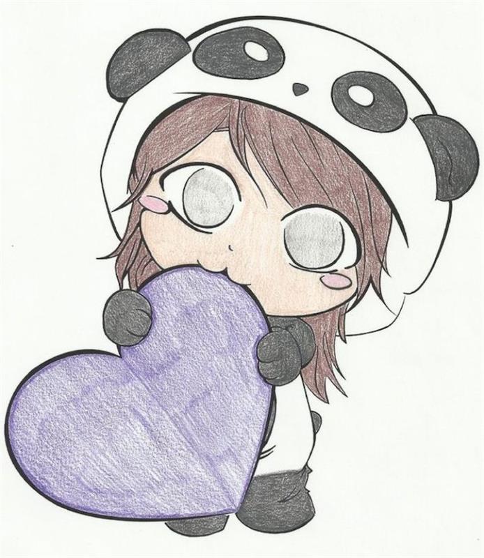 kolay manga çizim fikri, panda kostümü giyen küçük adam, elinde mor kalp