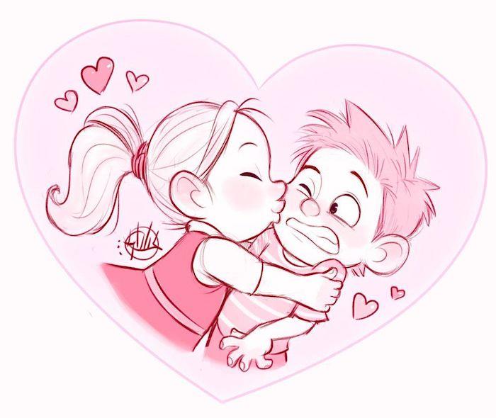 pembe bir kalpte öpüşen küçük kız ve oğlan çizmeyi seviyorum, etrafta küçük kalpler, orijinal çizgi film