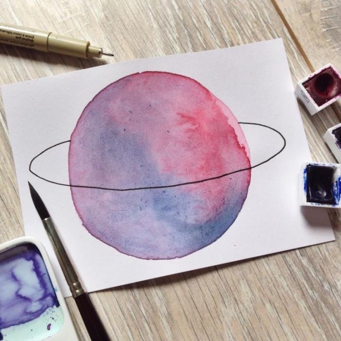 precej rožnato-vijoličasti planet v akvarelu s prstanom iz črne klobučevine, slikarstvo, ki ga je enostavno naučiti, akvarel