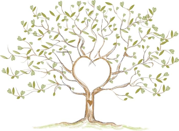 ideja za izbiro poročnega drevesnega odtisa z majhnimi zelenimi listi in vejami v obliki velikega srca simbol ljubezni mladoporočencev
