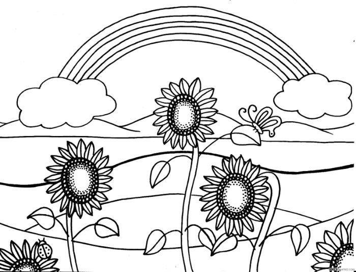 Pobarvanke mavrice in sončnic na travniku, risba divjih rož, preproste pokrajinske pobarvanke