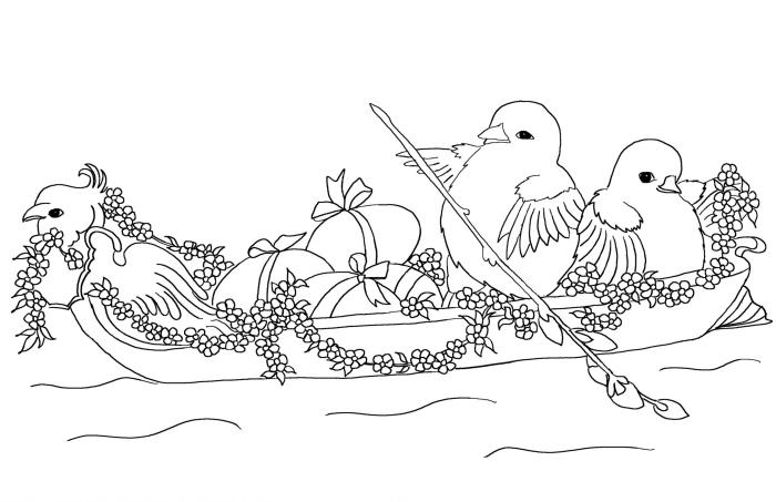 žaismingas velykinių kiaušinių piešimas mažiesiems, paveikslėlis su paukščiais ir velykiniai kiaušiniai valtyje