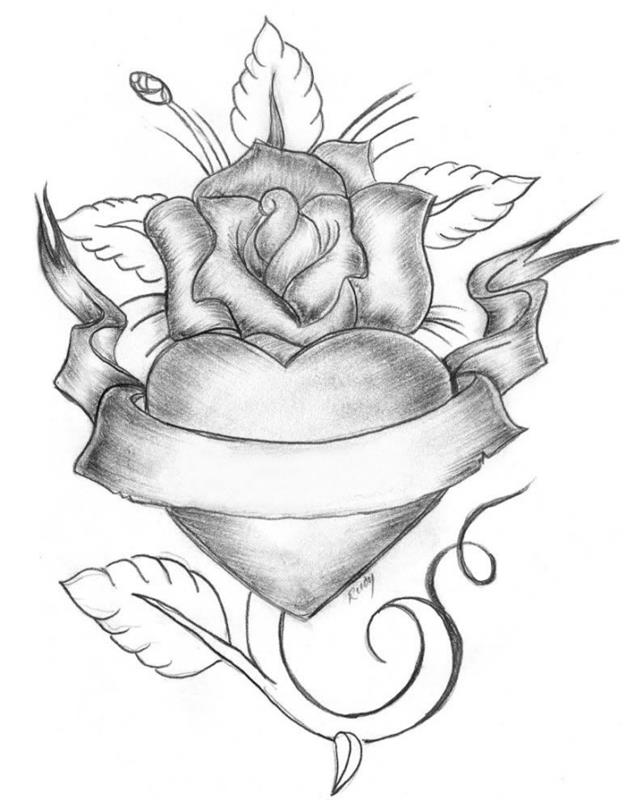 luštna risba odprte vrtnice s srcem na sredini, zamisel, kako narisati vrtnico v beli in črni barvi s svinčnikom