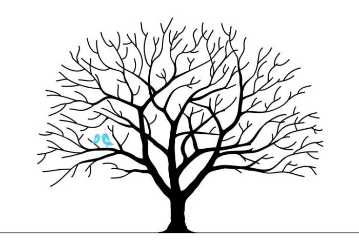 drevo prstnih odtisov za poroko, risanje črnega drevesa z vejami in brez listja z modrimi pticami, ki simbolizirajo ljubezen