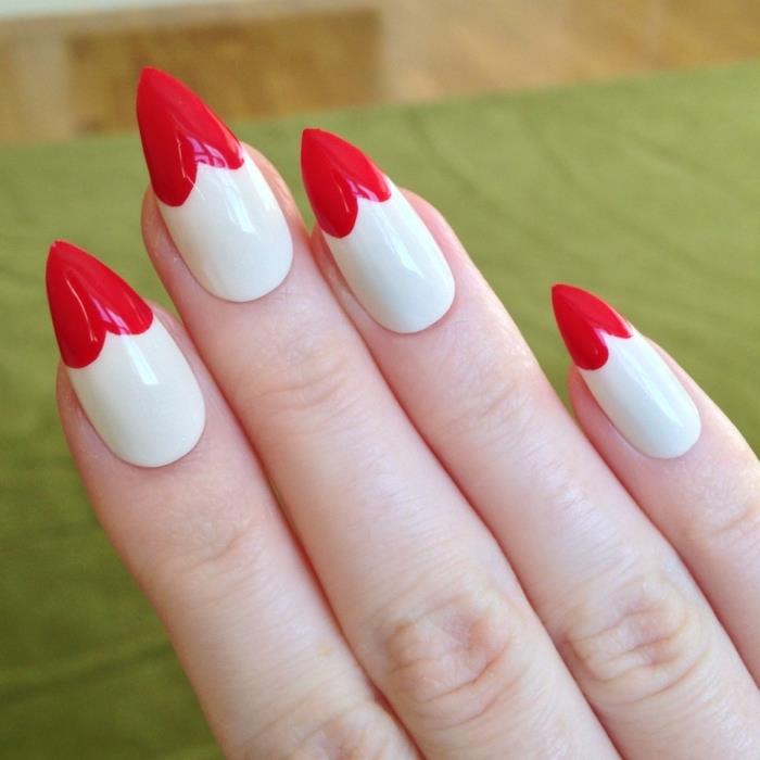 ideja za manikuro za Valentinovo v beli in rdeči barvi, nail art z belim osnovnim lakom in rdečimi nasveti v obliki srca