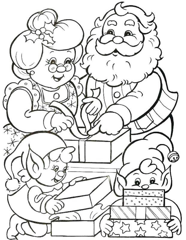 Kalėdų Senelio šeimos piešinys su mama Noel ir elfų vaikais, ruošiančiais dovanas spalvinti