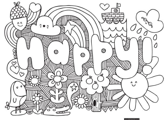 zamislite besedo veselo v angleščini, doodle slika s pomladnimi vzorci za barvanje