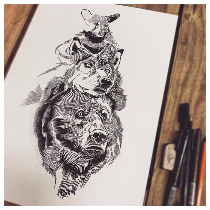 izvirna živalska risba, ki jo naredite sami, medvedje glave, volk in medved, nameščeni na kos praznega lista