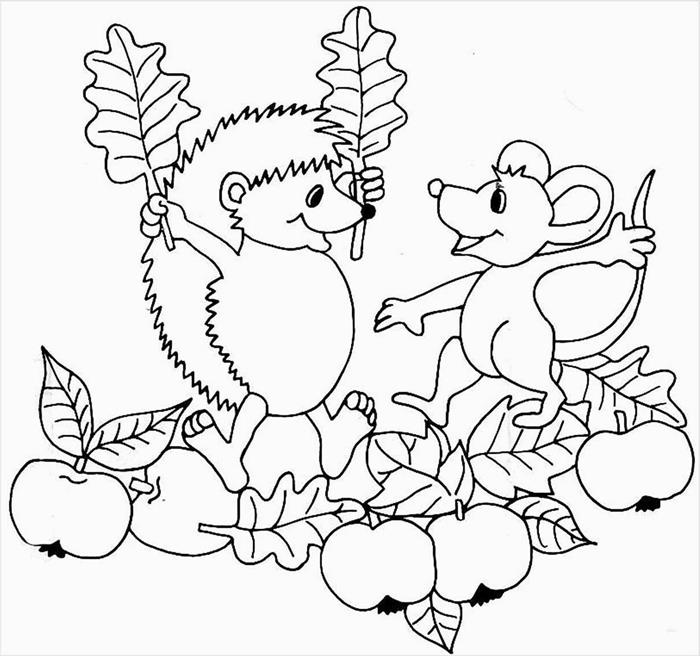rudens piešinys lengvai spalvotas piešinys spausdinti miško gyvūnai gamta ruduo vaisiai džiovinti lapai ežys draugystė