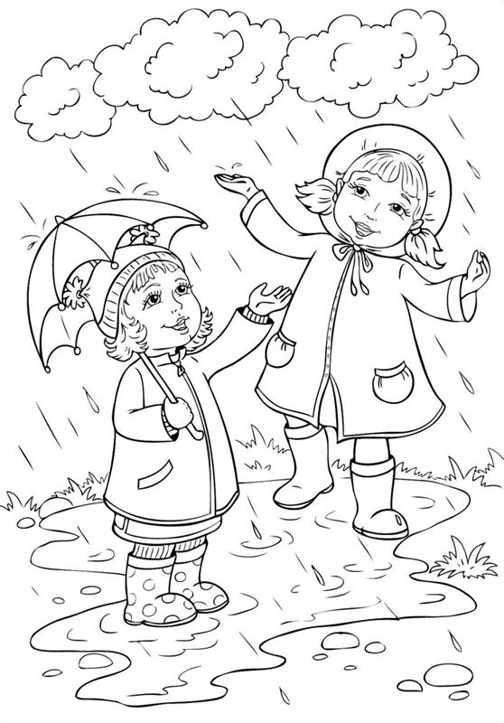 rudens piešimas vaikų žaidimai po lietaus debesimis dangus skėtis mažos mergaitės vaikšto lietus skrybėlė suknelė žolė gamta