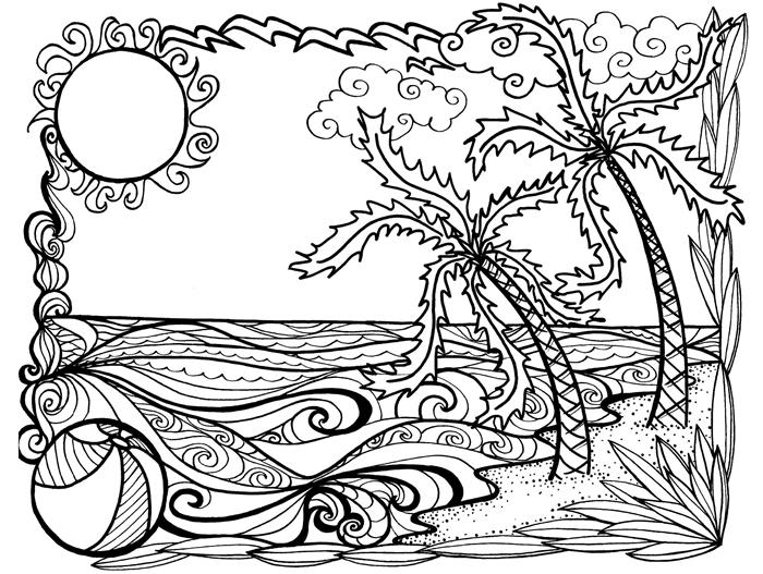 yaz çizim güneş manzara yalan egzotik palmiye ağacı dalga okyanus çizim mandala desenler sanat meditasyon anti stres yetişkin boyama