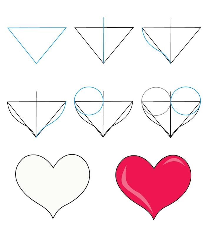 Adım adım bir üçgenden kolayca kalp nasıl çizilir, kalp kırmızı renkli