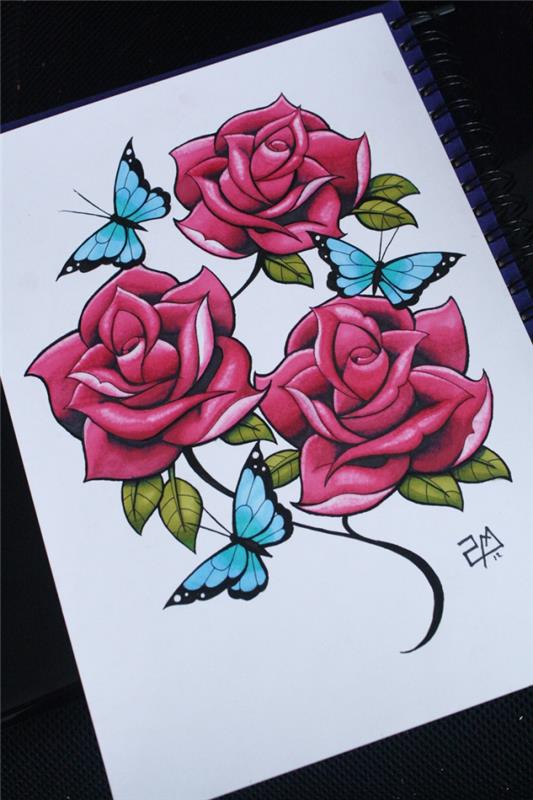 vzorec risbe barvne rože, luštna risba rdečih vrtnic z zelenimi listi z modrimi metulji, šablona za risanje cvetov