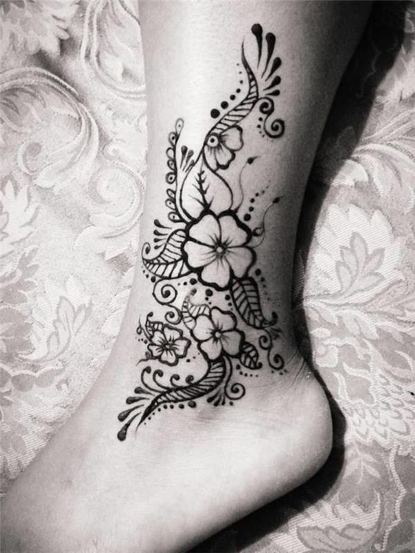 chna dizainas, kulkšnis, laikinos tatuiruotės gėlės, pėdų apdaila