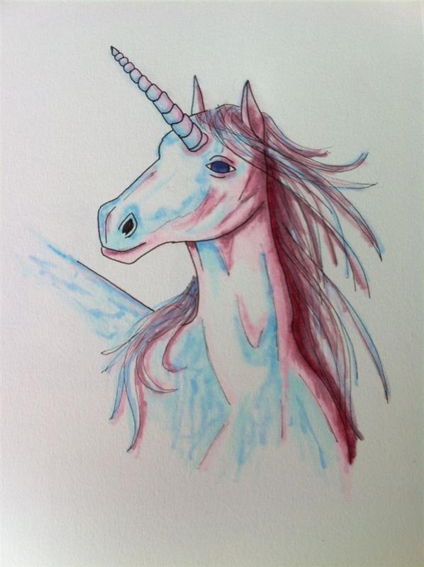 rüzgarlı bir yele, zarif bir çekicilik, mavi ve kırmızı gölgeli tek boynuzlu at ile görkemli bir tek boynuzlu at çizin