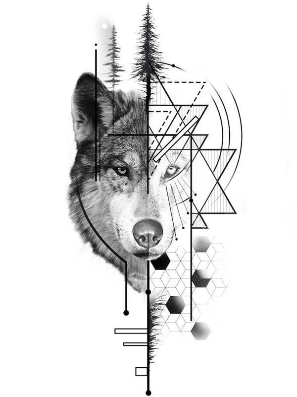 ideja o risanju pol volka na pol geometrijsko z jelkami na vrhu, ideja o tetoviranju volka