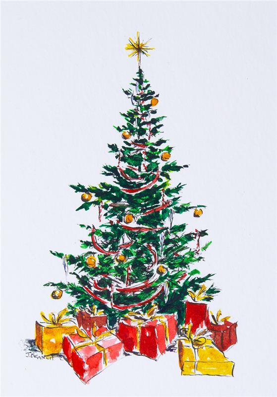 Noel ağacı renkli çizim, suluboya resim fikri Noel tebrik kartı, çizmeyi öğren, havalı ve öğrenmesi kolay Noel çizim fikri