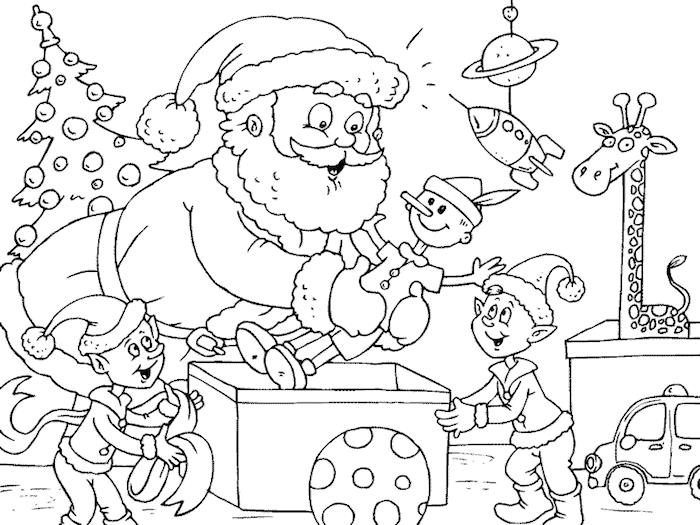 kaip nuspalvinti Kalėdų Senelio ir jo elfų, ruošiančių dovanas savo namuose šiaurės ašigalio, piešinį