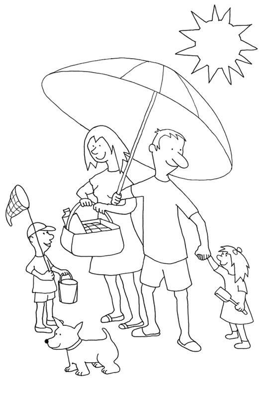 karikatür tatil aile deniz kenarında dinlenme yaz tatili çocuklar ve ebeveyn güneş şemsiyesi köpek piknik plajı