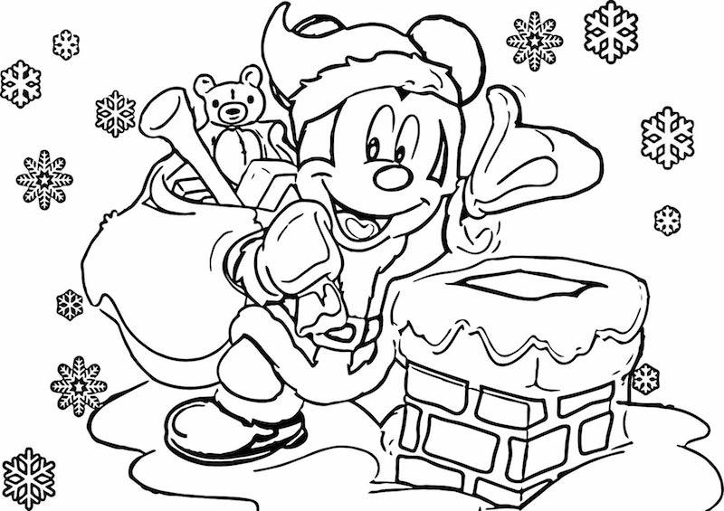 spalvotas Mickey ir Kalėdų senelio piešinys, pristatantis dovanas vaikams prie židinio