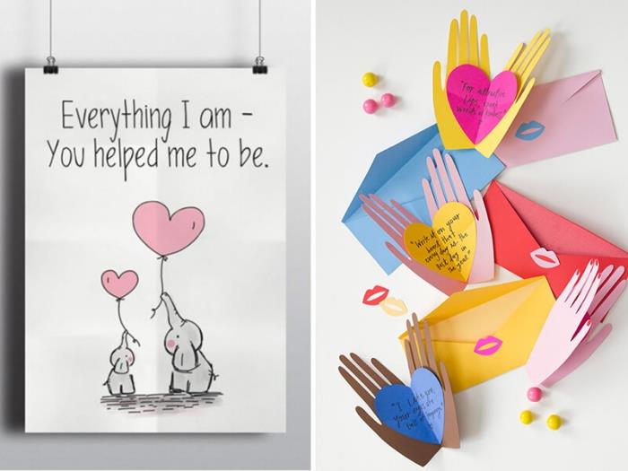 ideja za voščilnico za očeta, origami predloga za kartico v barvitem papirju, zloženem v obliki rok, primer čestitke za očetov dan
